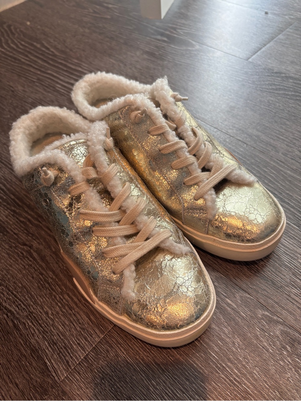DV by Dolce Vita Metallic Gold Lace-Up Sneakers with Shearling Trim